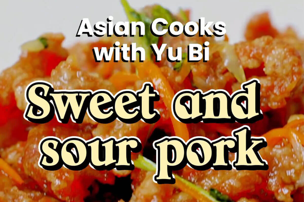 Close-up of Chef Yu Bi's homemade Sweet and Sour Pork, a mouthwatering Chinese dish with tender pork, vibrant vegetables, and a tangy pineapple twist.